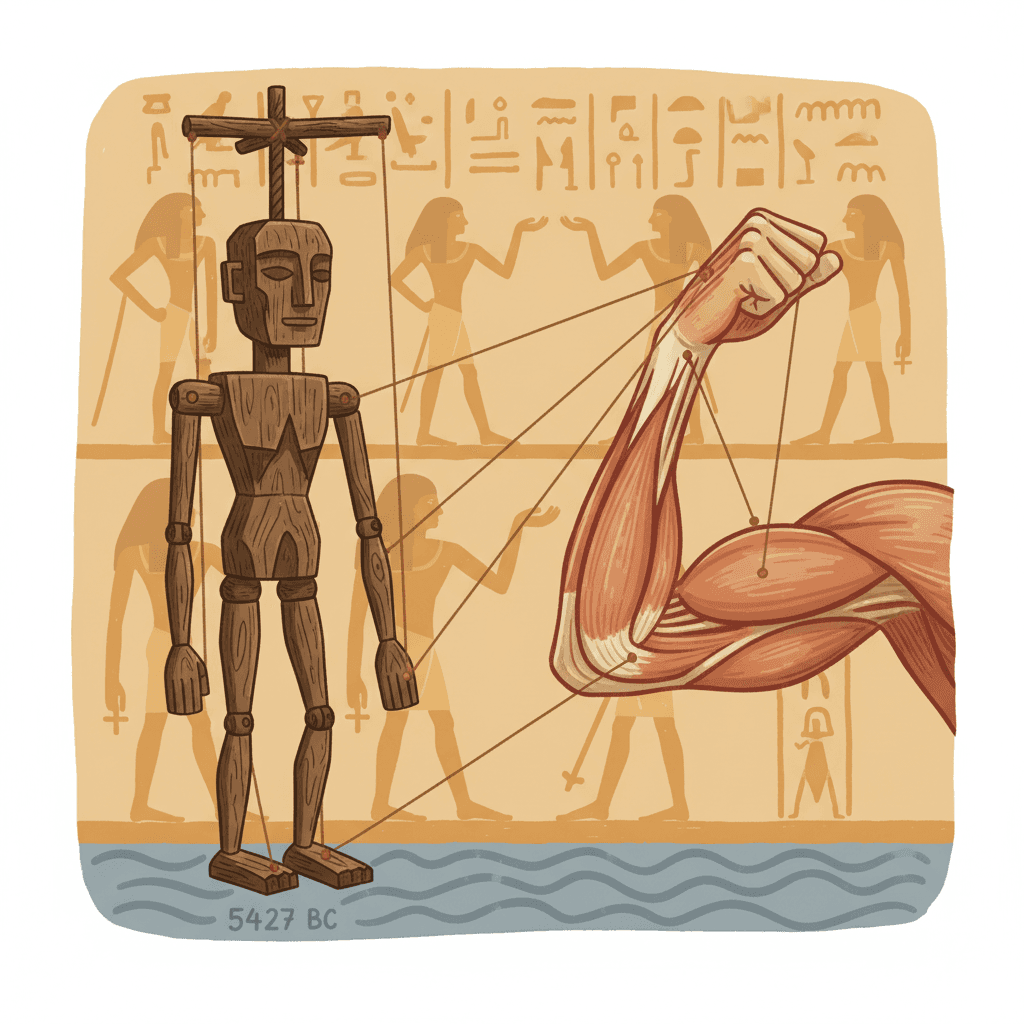 An arm bending with the flesh on the front bulging and hardening, like a puppet pulled by strings attached to its frame