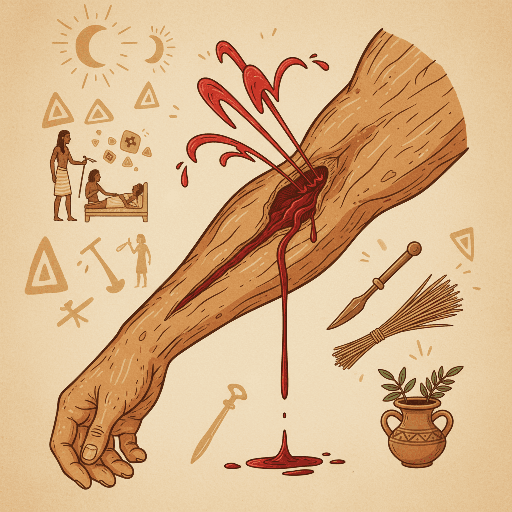 A cut on a hand producing red liquid, with one deeper wound spurting rhythmically and a shallower one flowing in a steady stream