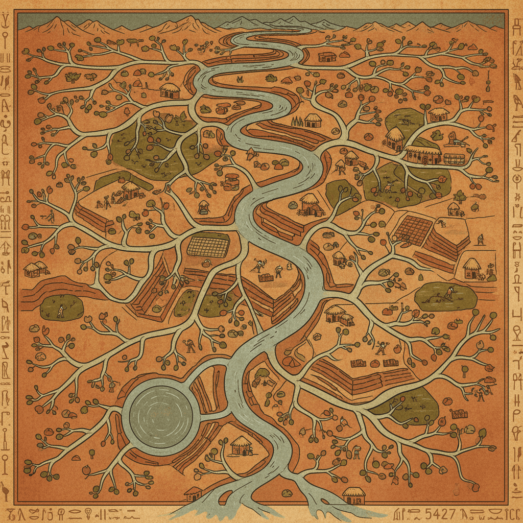 Rivers branching across farmland, delivering water to every corner — an analogy for the channels that must carry dissolved food through the body