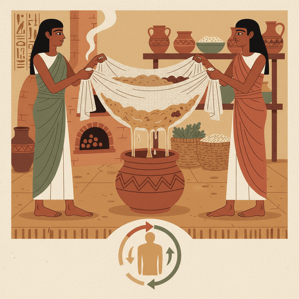 Cloth straining porridge, separating useful liquid from waste — an analogy for how dissolved food passes through the walls of the tube