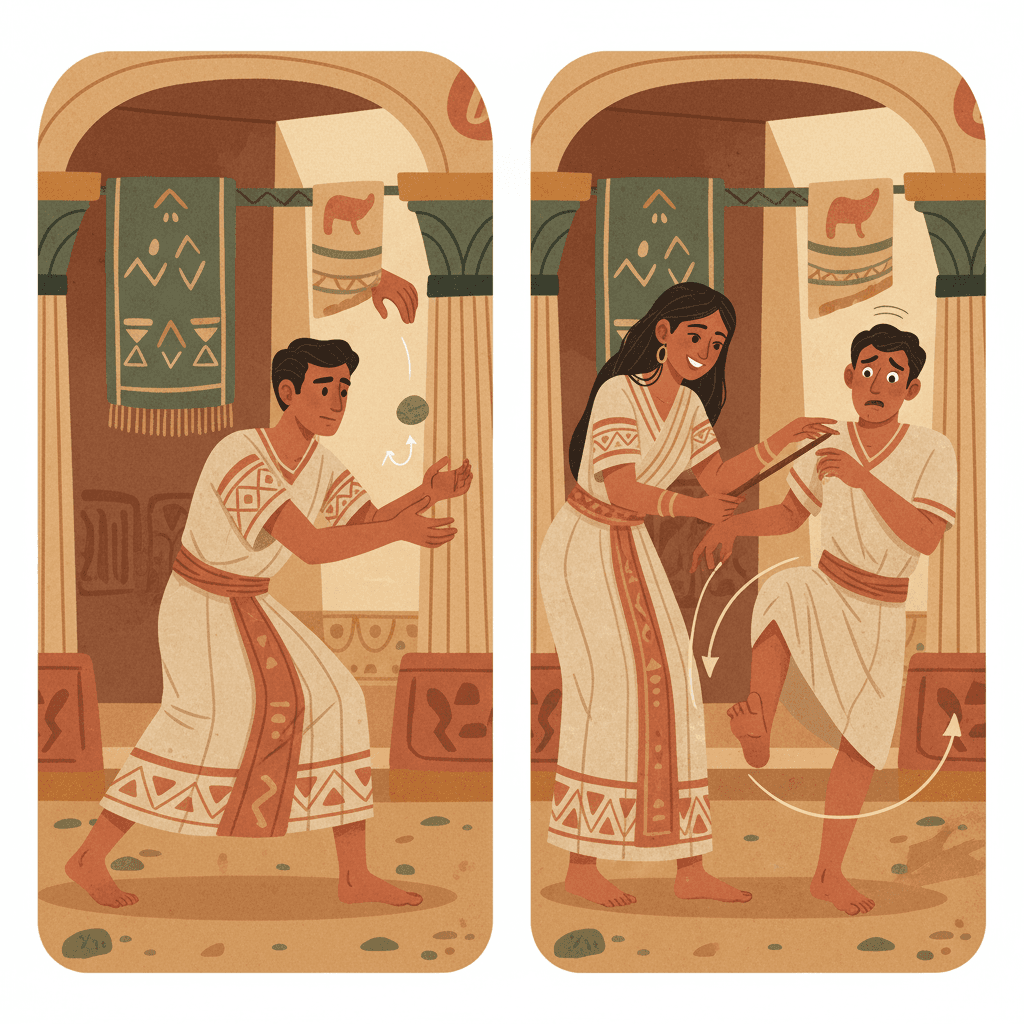 Crivsola dropping a stone for Tszuvok to catch with one hand, then poking his toe with a stick — showing the delay in reaction from distant body parts