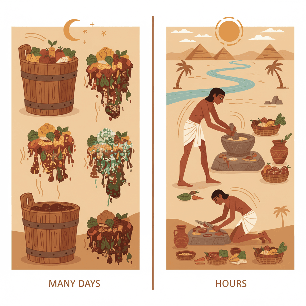 The contrast between slow rot and fast digestion — overnight porridge barely changed, while the body transforms food in hours