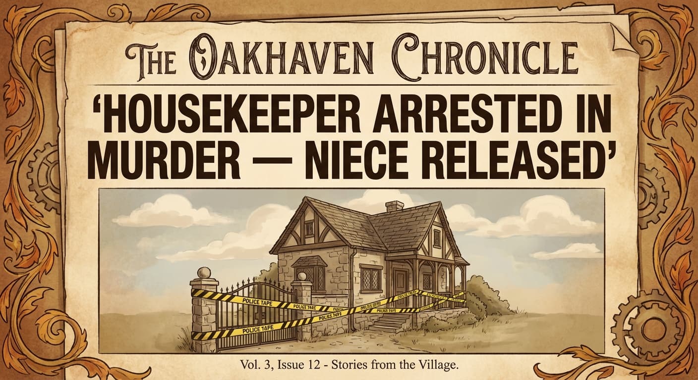 A newspaper front page with the headline "Housekeeper Arrested in Glerna Murder — Niece Released" and a photograph of a house with police tape