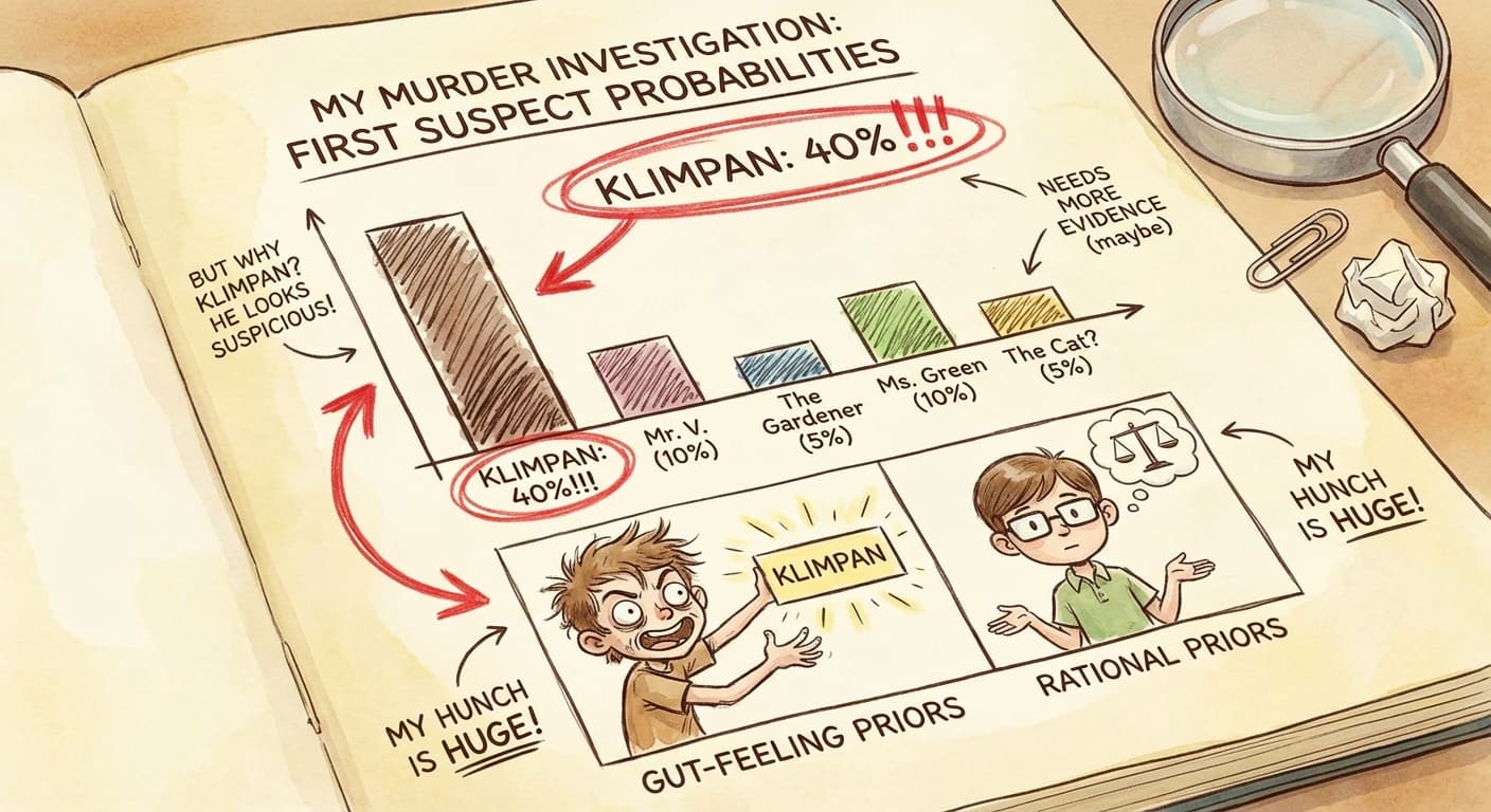Wrinje's notebook showing his first attempt at assigning suspect probabilities — Klimpan absurdly high at 40%, with the others squeezed around him