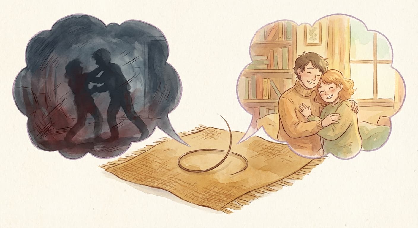 A single hair on a piece of fabric, with two thought bubbles — one showing a violent struggle during a murder, the other showing an ordinary hug earlier in the day