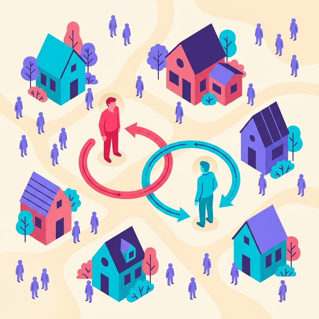 A bird's-eye view of a hypothetical village — one acquaintance connected to the victim, and many strangers scattered around, illustrating base rates