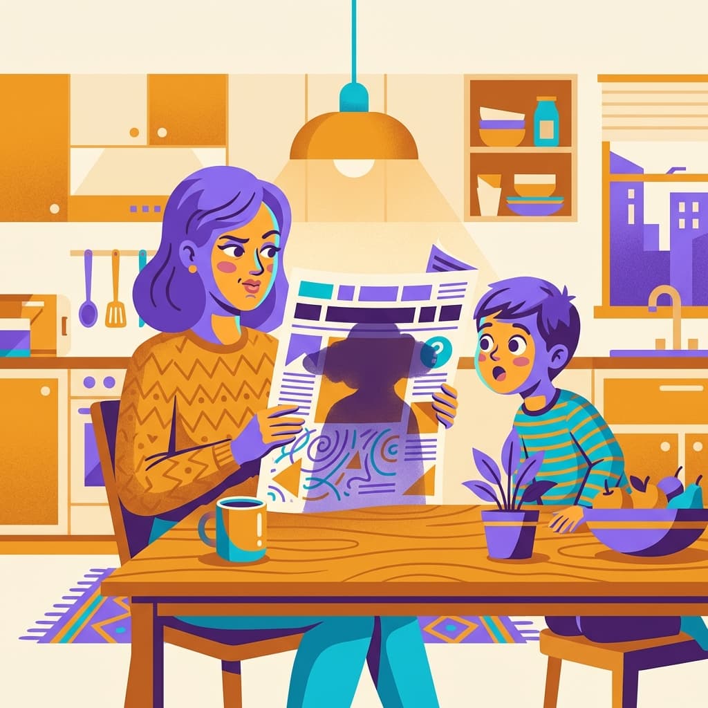 Vilila and her son Wrinje reading a newspaper about a neighbourhood murder at their kitchen table