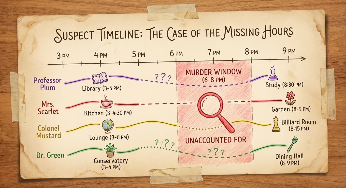 Wrinje's hand-drawn timeline on paper showing the hours from 3pm to 9pm, with each suspect's known location marked at different times — and a gap during the murder window of 6-8pm
