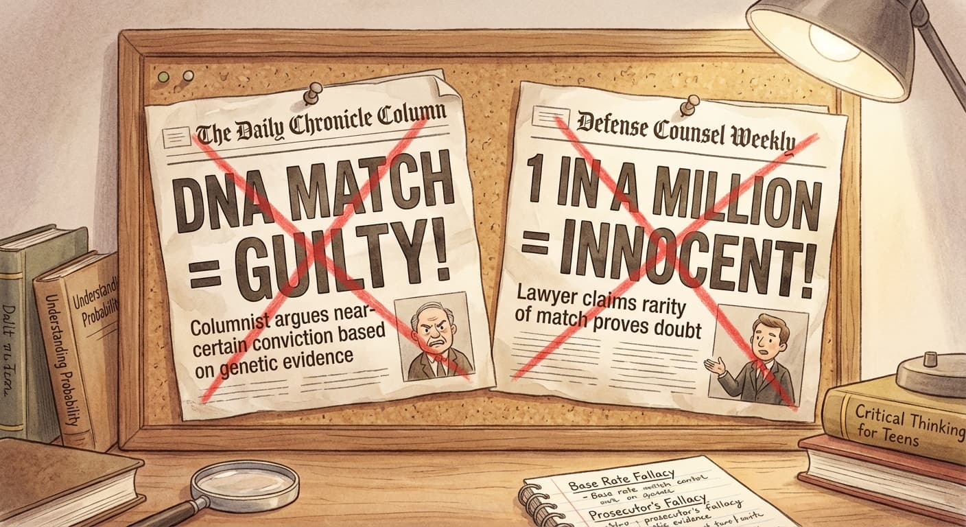 Two newspaper clippings side by side — one showing the columnist Brenzik's claim ("DNA match = near-certain guilt") and the other showing lawyer Drimglak's claim ("1 in a million = near-certain innocence") — both crossed out